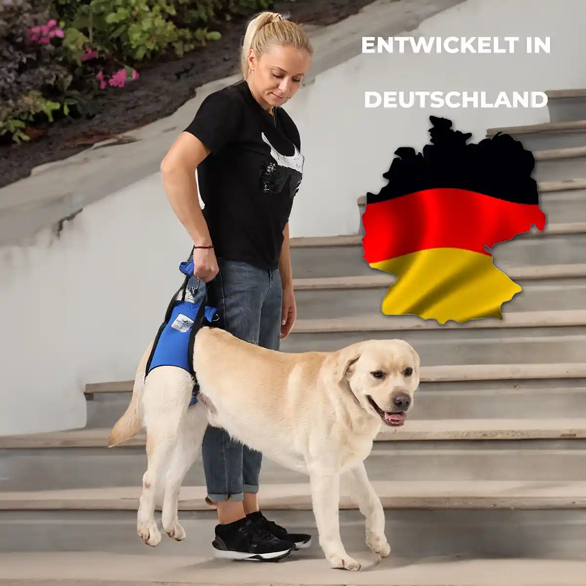 Frau mit Hund und angelegter Tragehilfe von Nature pet auf der Treppe