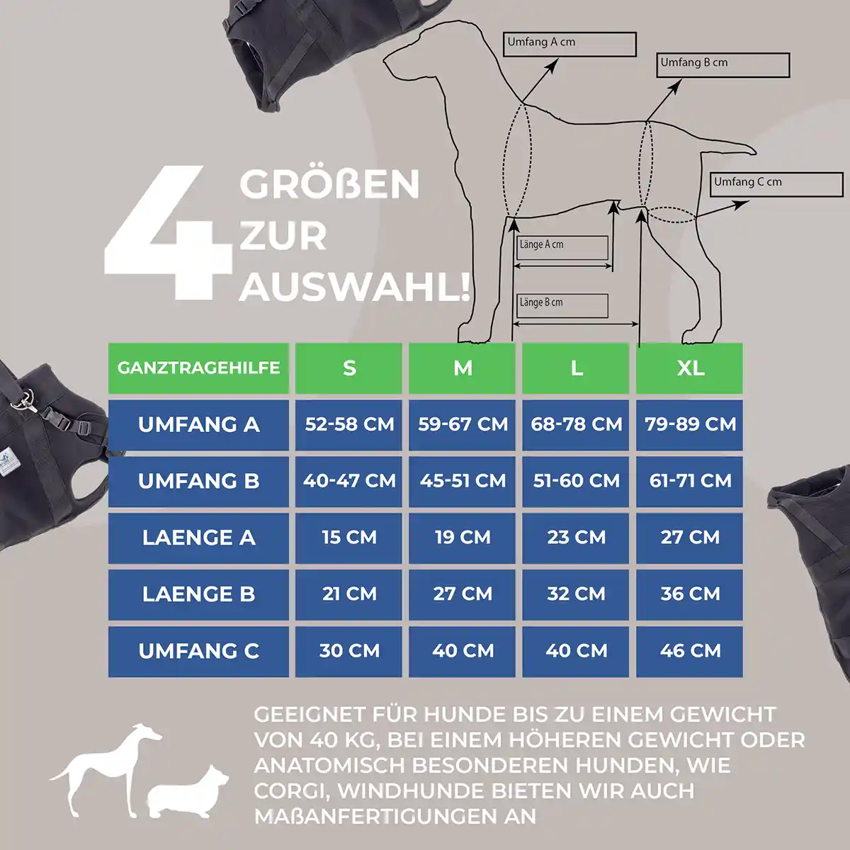 Ganzkörpertragehilfe für Hunde 5 Größentabelle Ganzkörpertragehilfe